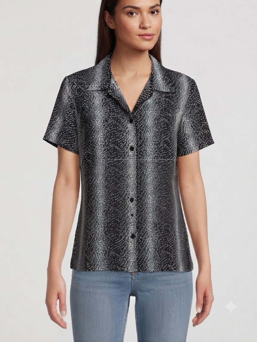 Notations Petite Black Blue White Dot Short Sleeve Button Down Blouse Size PL